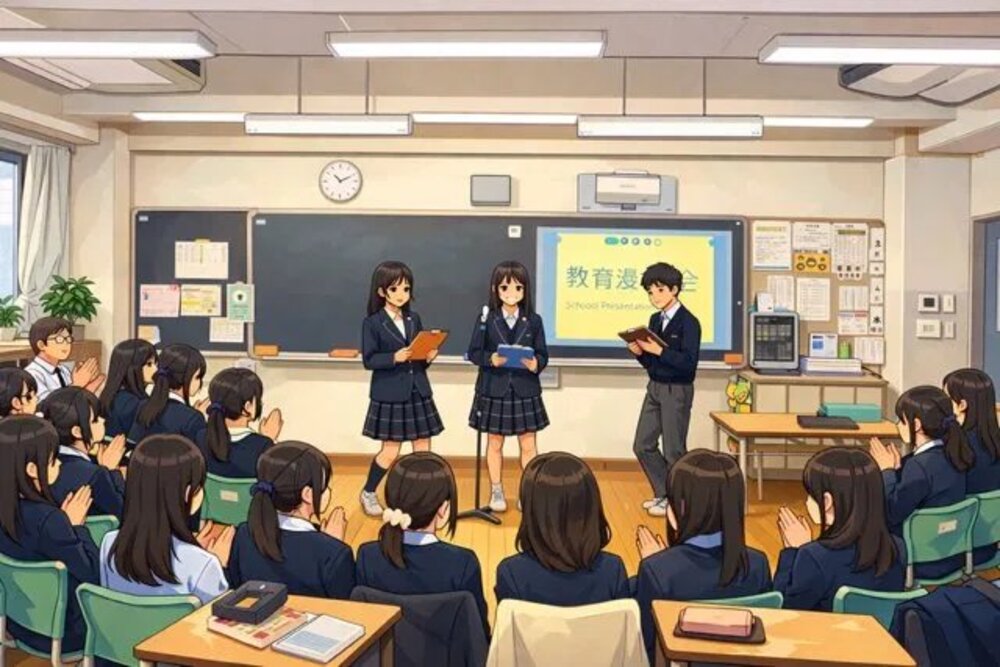 教育漫才大会でコンビがネタを披露する子どもたち